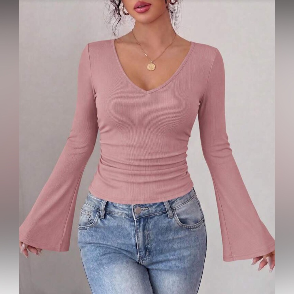 Women's Pink V-Neck Bell Sleeve Top